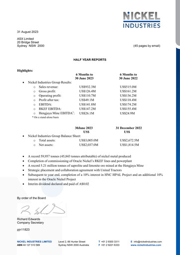Thumbnail Nickel Industries Limited Half-year Report 2023-h1