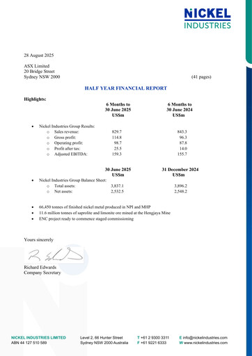 Vorschaubild Nickel Industries Limited Halbjahresbericht 2025-h1
