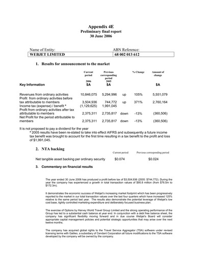Thumbnail Webjet Limited Annual Report 2006