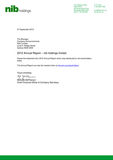Thumbnail nib holdings limited Annual Report 2012