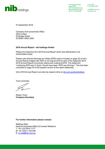 Thumbnail nib holdings limited Annual Report 2018