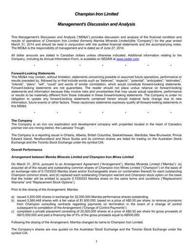 Thumbnail Champion Iron Financial Statement 2014