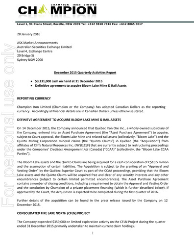 Miniature Champion Iron Rapport trimestriel 2016-q3