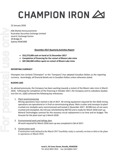 Miniature Champion Iron Rapport trimestriel 2018-q3