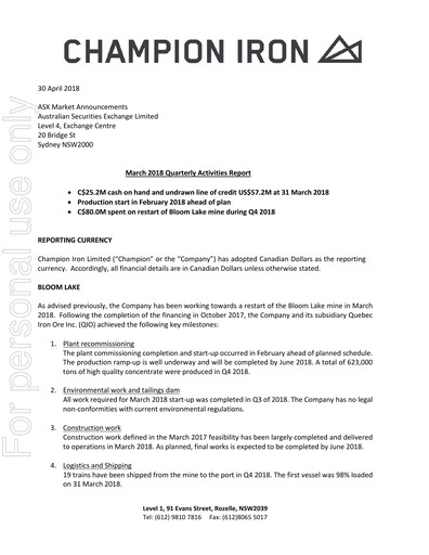 Miniature Champion Iron Rapport trimestriel 2018-q4
