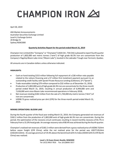 Miniature Champion Iron Rapport trimestriel 2019-q4