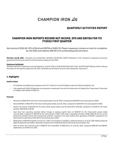 Miniature Champion Iron Rapport trimestriel 2022-q1