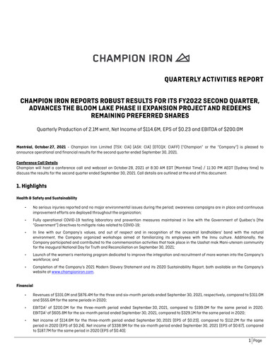 Miniature Champion Iron Rapport trimestriel 2022-q2