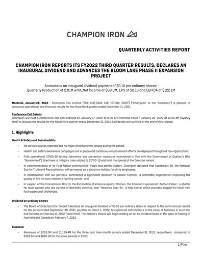 Miniature Champion Iron Rapport trimestriel 2022-q3