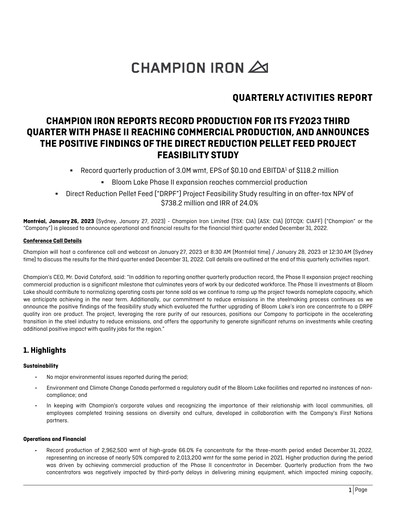 Miniature Champion Iron Rapport trimestriel 2023-q3