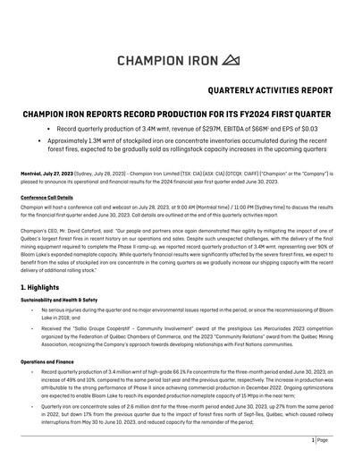Miniature Champion Iron Rapport trimestriel 2024-q1