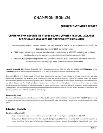 Miniature Champion Iron Rapport trimestriel 2025-q2