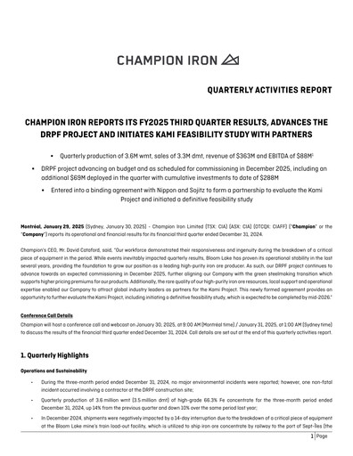 Miniature Champion Iron Rapport trimestriel 2025-q3