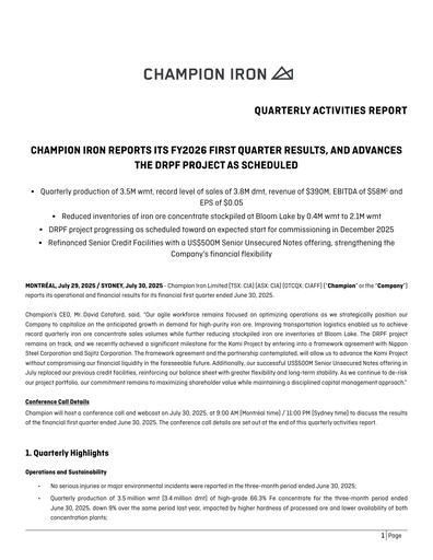 Miniature Champion Iron Rapport trimestriel 2026-q1