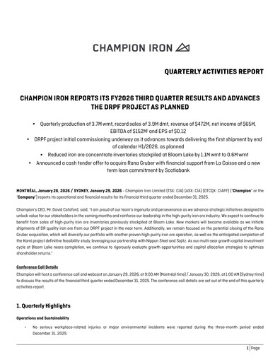 Miniature Champion Iron Rapport trimestriel 2026-q3