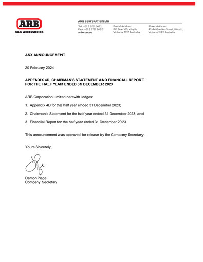 Thumbnail ARB Corporation Limited Half-year Report 2023-h1