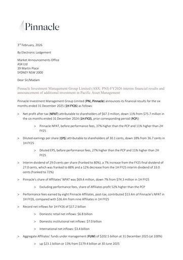 Thumbnail Pinnacle Investment Management Group Half-year Report 2026