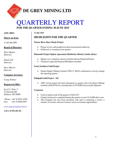 Thumbnail De Grey Mining Quarterly Report 2015-q2