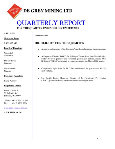 Thumbnail De Grey Mining Quarterly Report 2015-q4