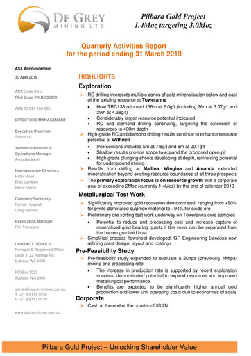 Thumbnail De Grey Mining Quarterly Report 2019-q1