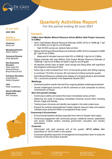 Thumbnail De Grey Mining Quarterly Report 2021-q2