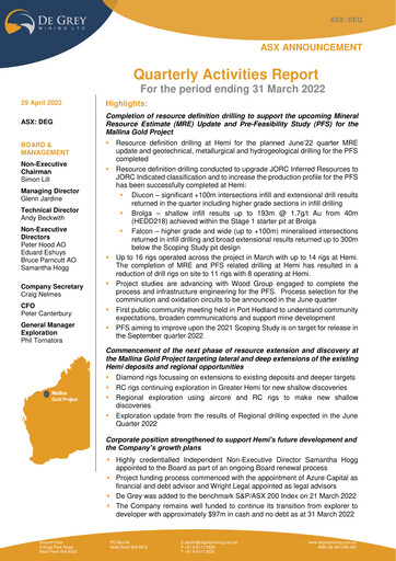 Thumbnail De Grey Mining Quarterly Report 2022-q1