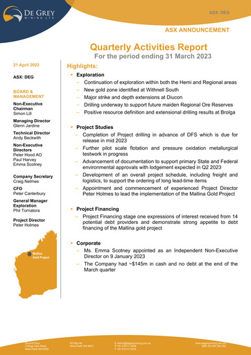 Thumbnail De Grey Mining Quarterly Report 2023-q1