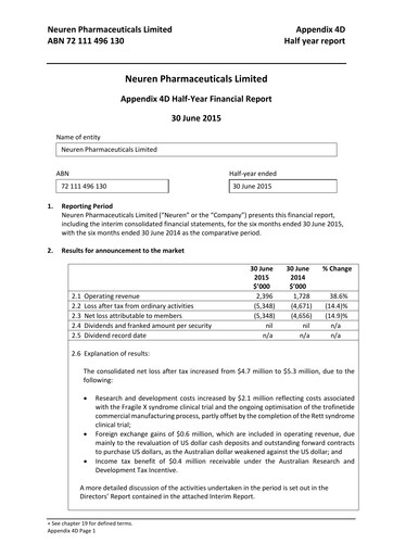 Miniature Neuren Pharmaceuticals Rapport semestriel 2015-h1