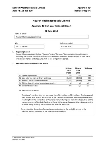 Miniature Neuren Pharmaceuticals Rapport semestriel 2019-h1