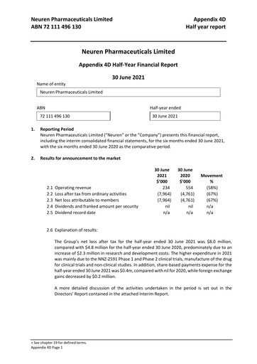 Miniature Neuren Pharmaceuticals Rapport semestriel 2021-h1