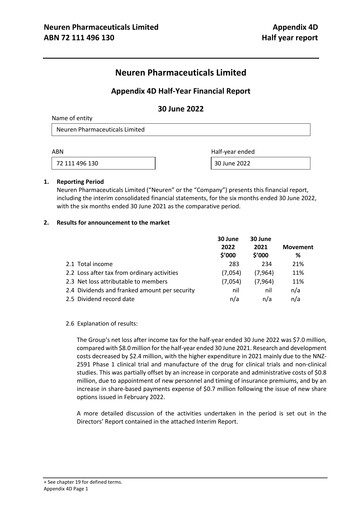 Miniature Neuren Pharmaceuticals Rapport semestriel 2022-h1