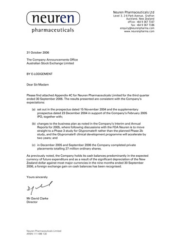Thumbnail Neuren Pharmaceuticals Quarterly Report 2006-q3
