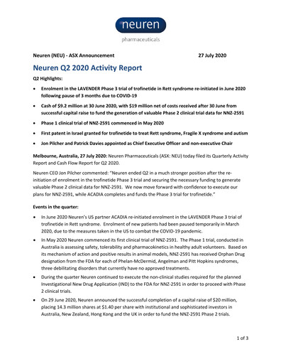 Thumbnail Neuren Pharmaceuticals Quarterly Report 2020-q2