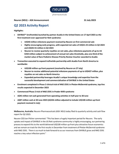 Thumbnail Neuren Pharmaceuticals Quarterly Report 2023-q2