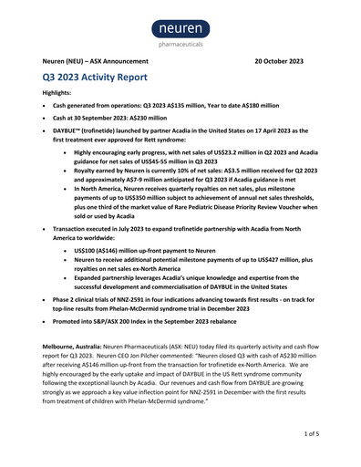 Thumbnail Neuren Pharmaceuticals Quarterly Report 2023-q3