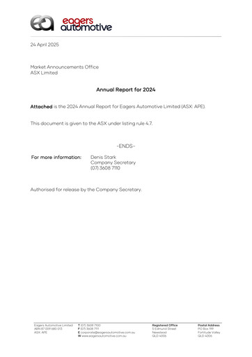 Miniature Eagers Automotive Limited Rapport annuel 2024