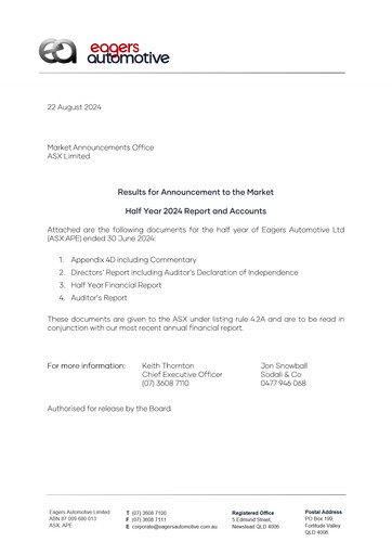 Thumbnail Eagers Automotive Limited Half-year Report 2024-h1