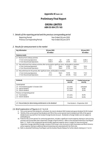 Thumbnail Orora Limited Financial Report fy2020