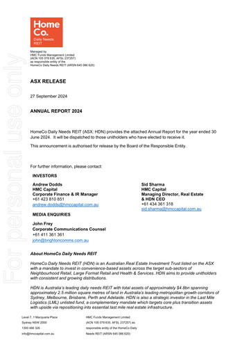 Thumbnail HomeCo Daily Needs REIT Annual Report 2024