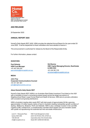 Thumbnail HomeCo Daily Needs REIT Annual Report 2025