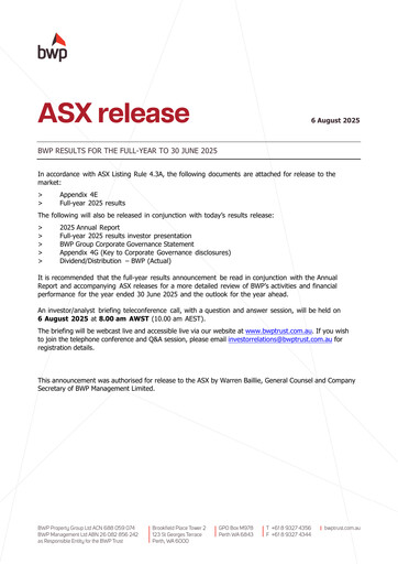 Miniature BWP Trust Bilan financier 2025