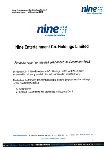 Thumbnail Nine Entertainment Co. Holdings Financial Report 2014-h1