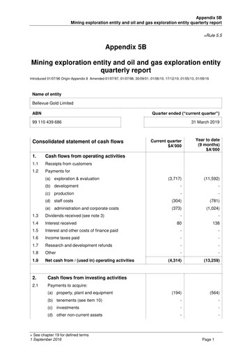 Miniature Bellevue Gold Rapport trimestriel 2019-q3