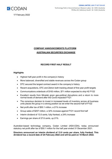 Miniature Codan Limited Rapport semestriel 2022-h1