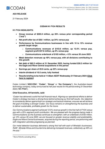 Miniature Codan Limited Rapport semestriel 2024-h1