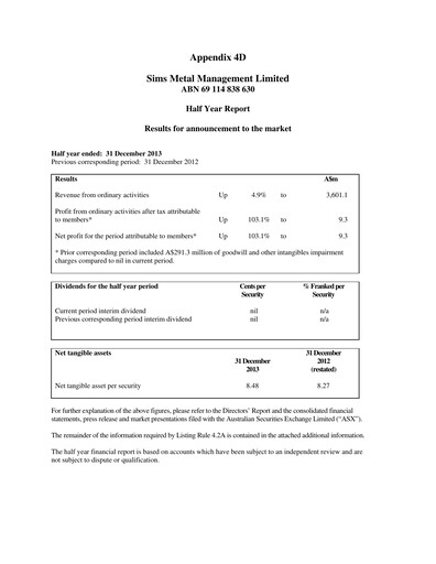 Thumbnail Sims Limited Half-year Report 2013-2014-h1