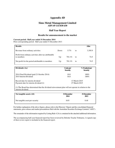 Thumbnail Sims Limited Half-year Report 2014-2015-h1