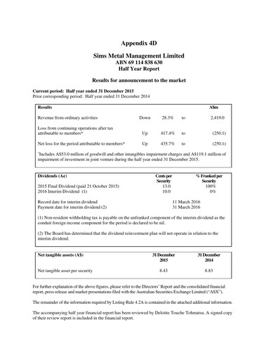 Thumbnail Sims Limited Half-year Report 2015-2016-h1