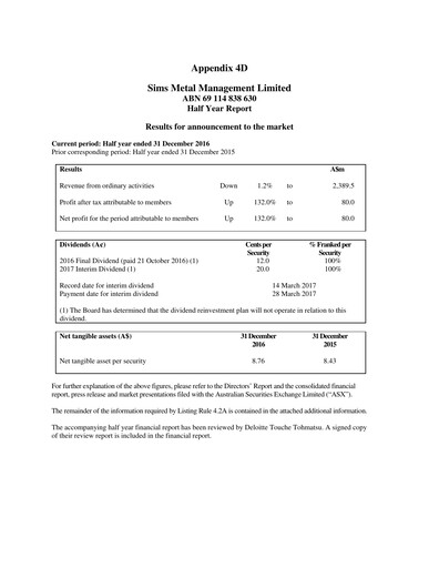Thumbnail Sims Limited Half-year Report 2016-2017-h1