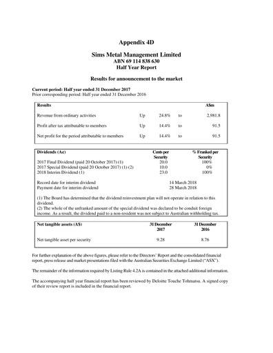 Thumbnail Sims Limited Half-year Report 2017-2018-h1